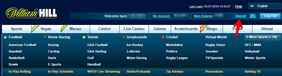 William Hill screenshot displaying where to find "Deposit" button once logged in